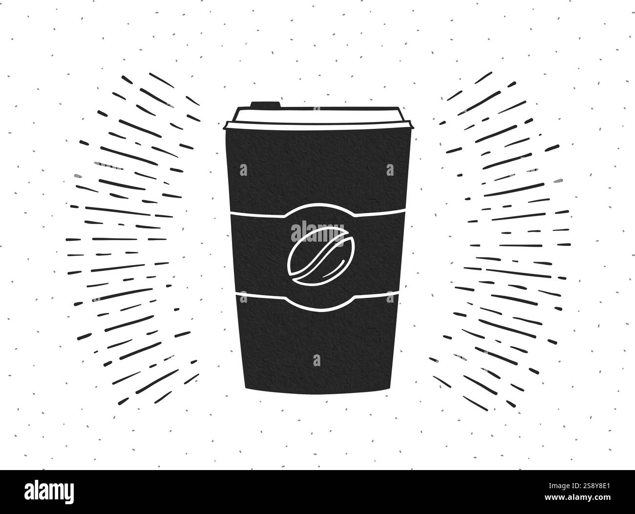 Tazza da caffè di carta da asporto disegnata a mano su sfondo retrò con immagine Sunburst, vettoriale eps10 Illustrazione Vettoriale