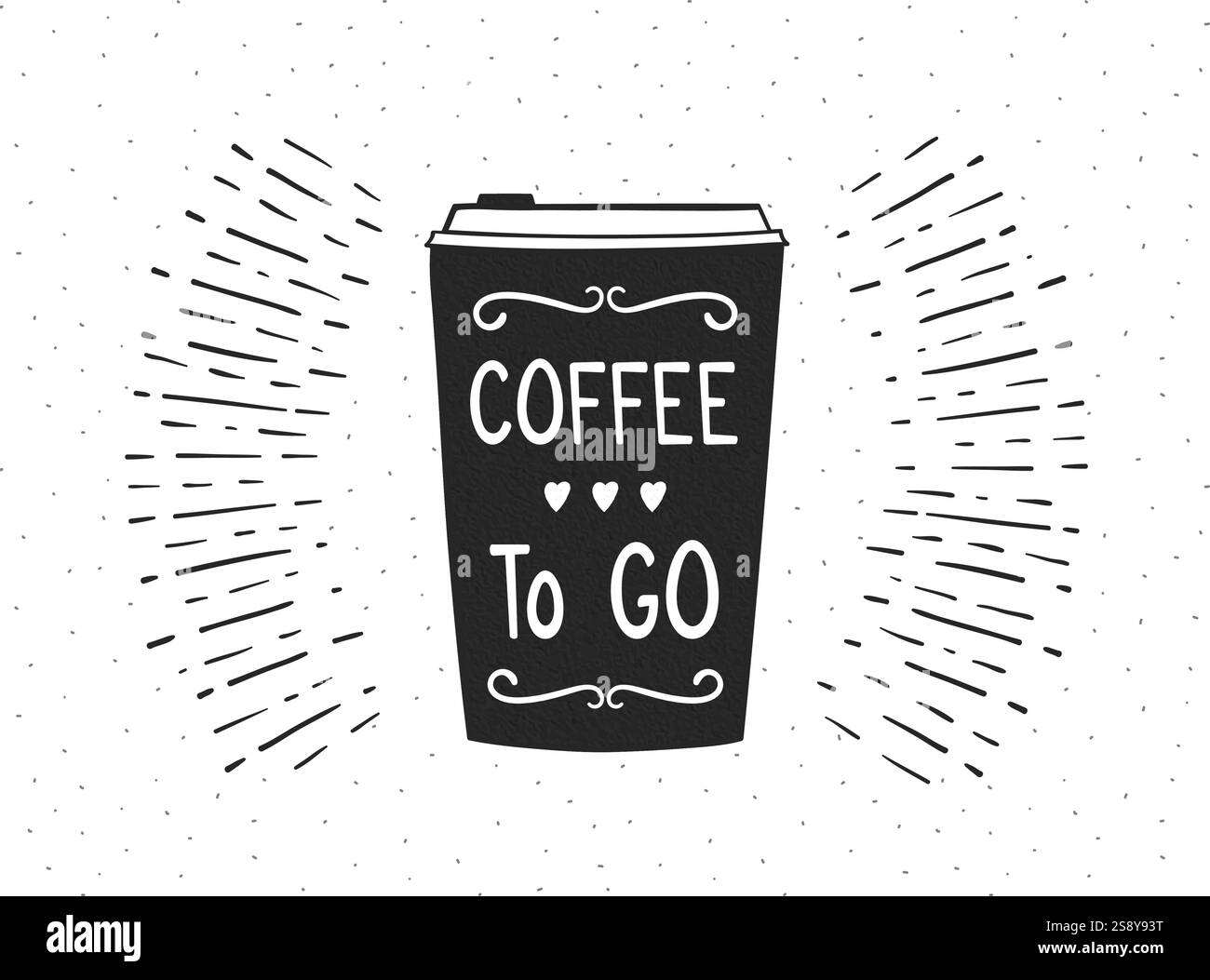 Tazza da caffè da asporto disegnata a mano su sfondo retrò con immagine Sunburst, vettoriale eps10 Illustrazione Vettoriale