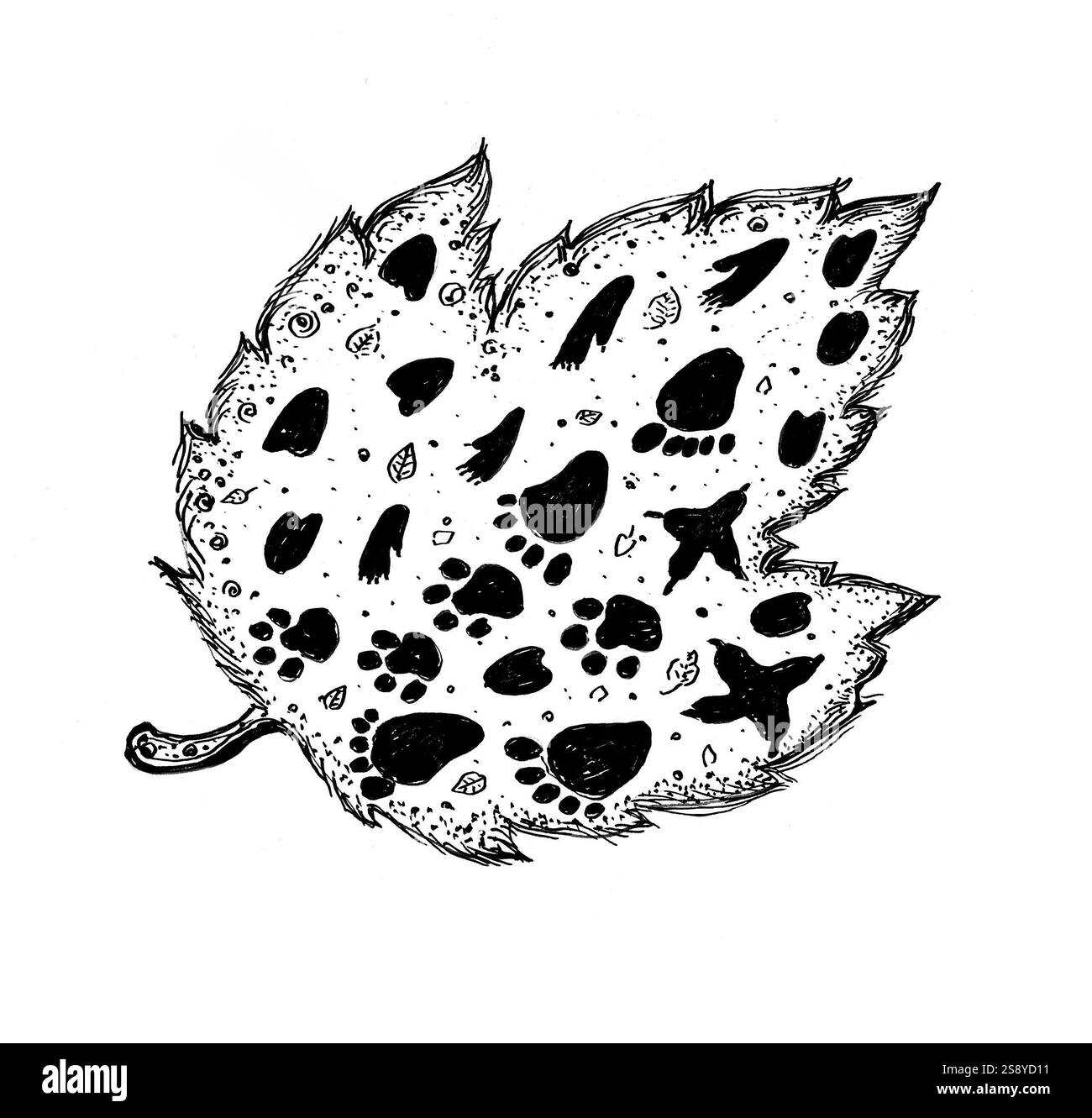 La foglia è piena di vari elementi. Zampe di animali di varie forme, foglie e decorazioni. Doodle. La lamella viene disegnata con contorno nero e riempimento. Isolato Foto Stock