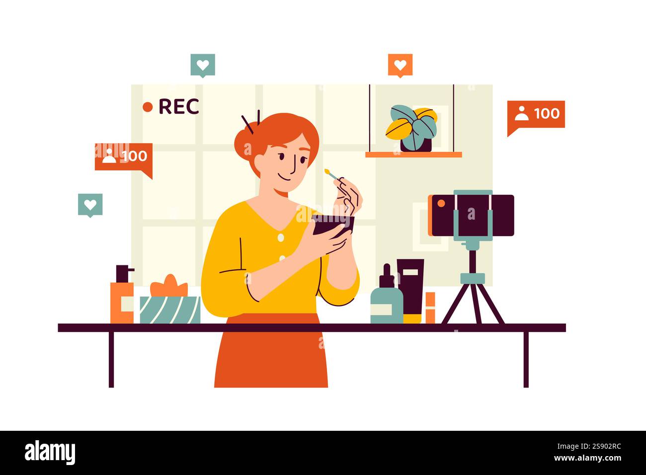 Una beauty blogger che registra un video per i suoi follower utilizzando uno smartphone su un treppiede. Una ragazza pubblicizza un prodotto per la cura della pelle al pubblico in camera Illustrazione Vettoriale Una beauty blogger che registra un video per i suoi follower utilizzando uno smartphone su un treppiede. Una ragazza pubblicizza un prodotto per la cura della pelle al pubblico in camera Illustrazione Vettoriale