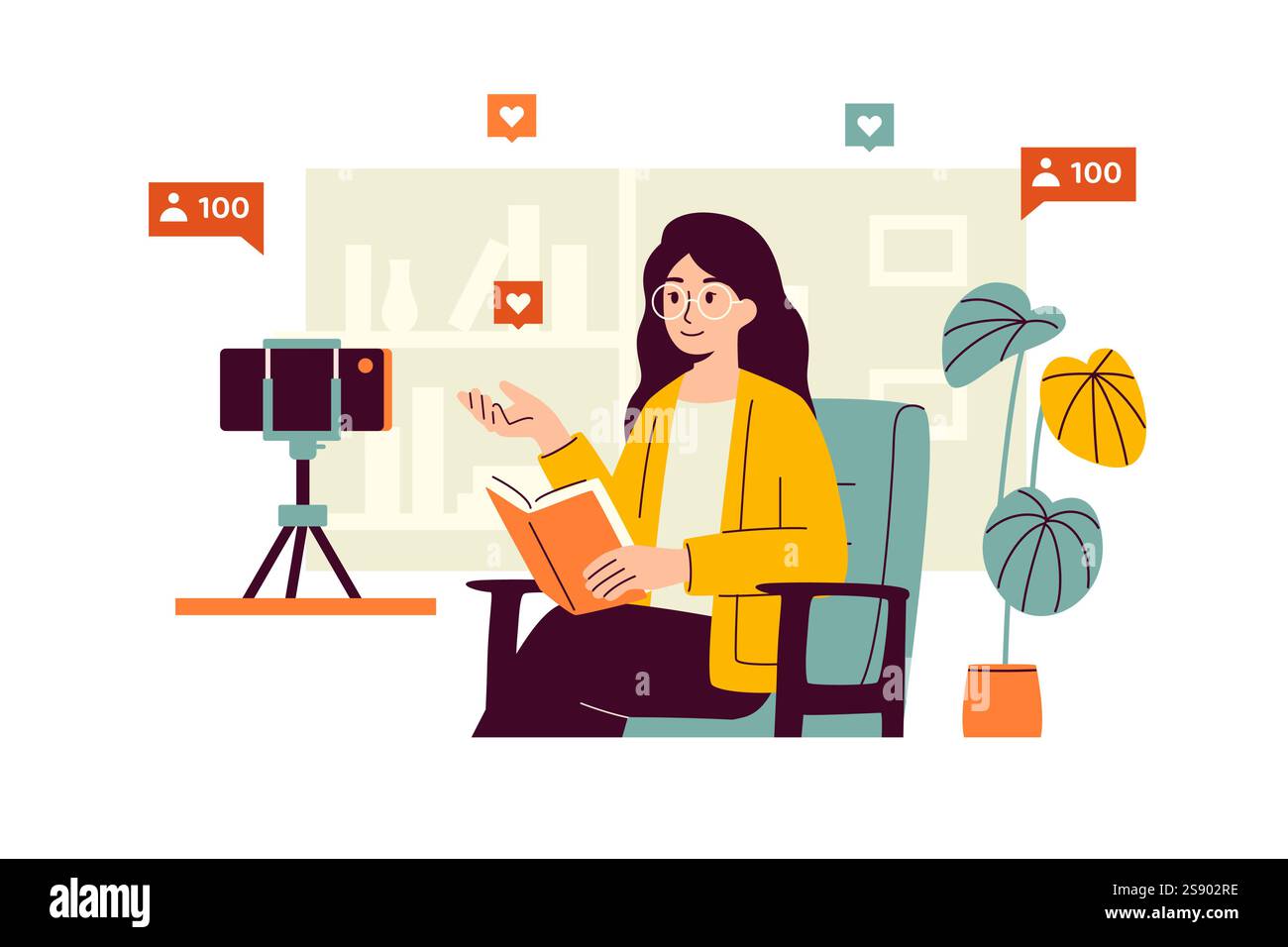 Illustrazione vettoriale di una ragazza con gli occhiali seduti sulla sedia davanti alla telecamera con un libro in mano. La donna condivide le sue impressioni Illustrazione Vettoriale