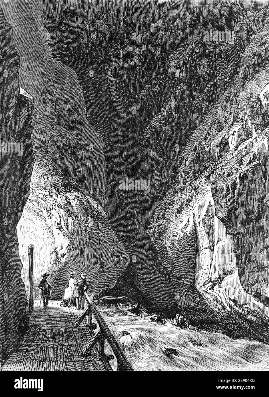 Turisti o visitatori presso la sorgente naturale o sorgente del fiume Pfäfers e della gola o Canyon vicino a Ragaz o Bag Ragaz St. Gallen Sarganserland Svizzera. Incisione vintage o storica o illustrazione 1864 Foto Stock