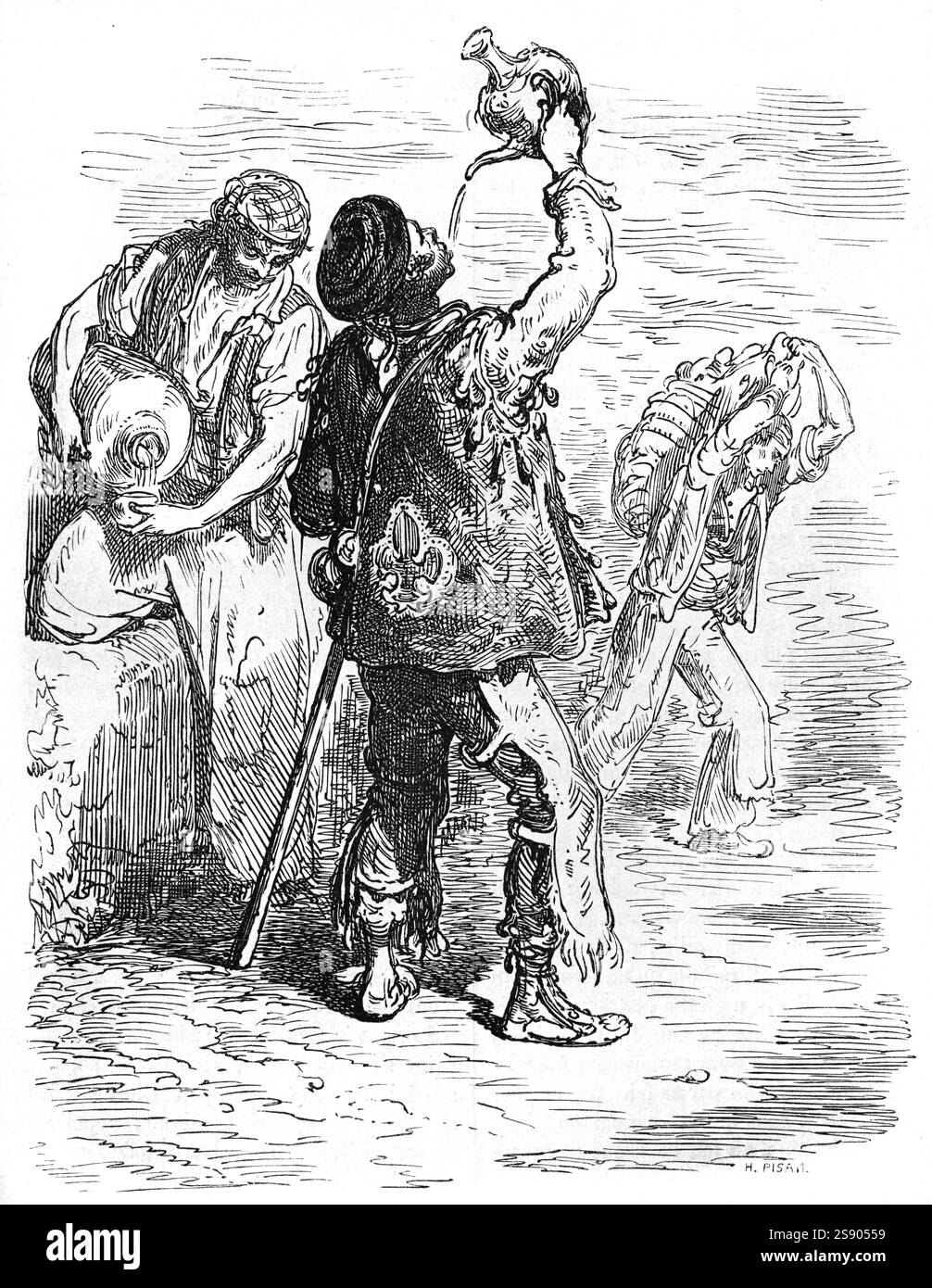Vettori d'acqua o rivenditori di acqua che trasportano acqua potabile fresca per la consegna a Lorca, Murcia, Spagna. Incisione vintage o illustrazione di Gustave Doré 1864 Foto Stock