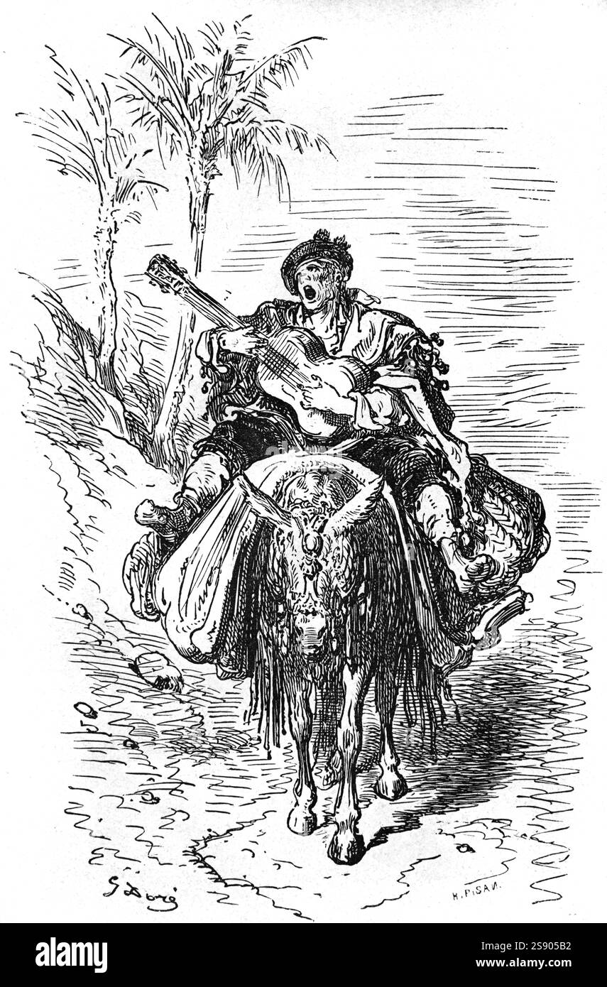 Contadino spagnolo o musicista viaggiante cavalcando l'asino ad Alcoy in Spagna. Incisione vintage o storica o illustrazione di Gustave Doré 1864 Foto Stock
