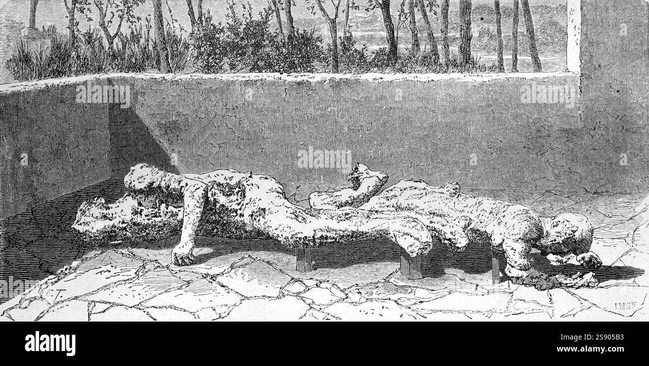 Corpi mummificati modellati dalla cenere vulcanica a Pompei in Italia. Incisione vintage o storica o illustrazione 1864 Foto Stock