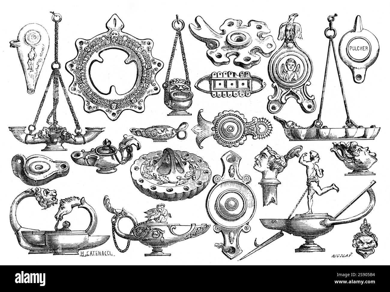 Lampade a olio di epoca romana o antica, argilla, ceramica e bronzo trovate a Pompei, Napoli. Incisione vintage o storica o illustrazione 1864 Foto Stock