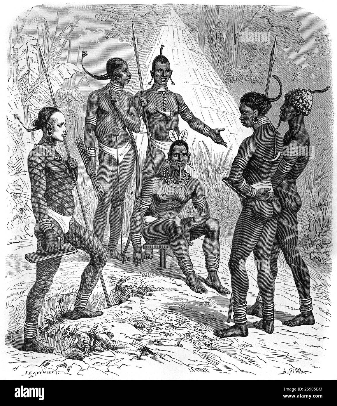 I Madi, i Trabe o gruppo etnico indigeno vivono storicamente sulla riva destra del Nilo bianco in Uganda e Sud Sudan. Incisione vintage o storica o illustrazione 1864 Foto Stock