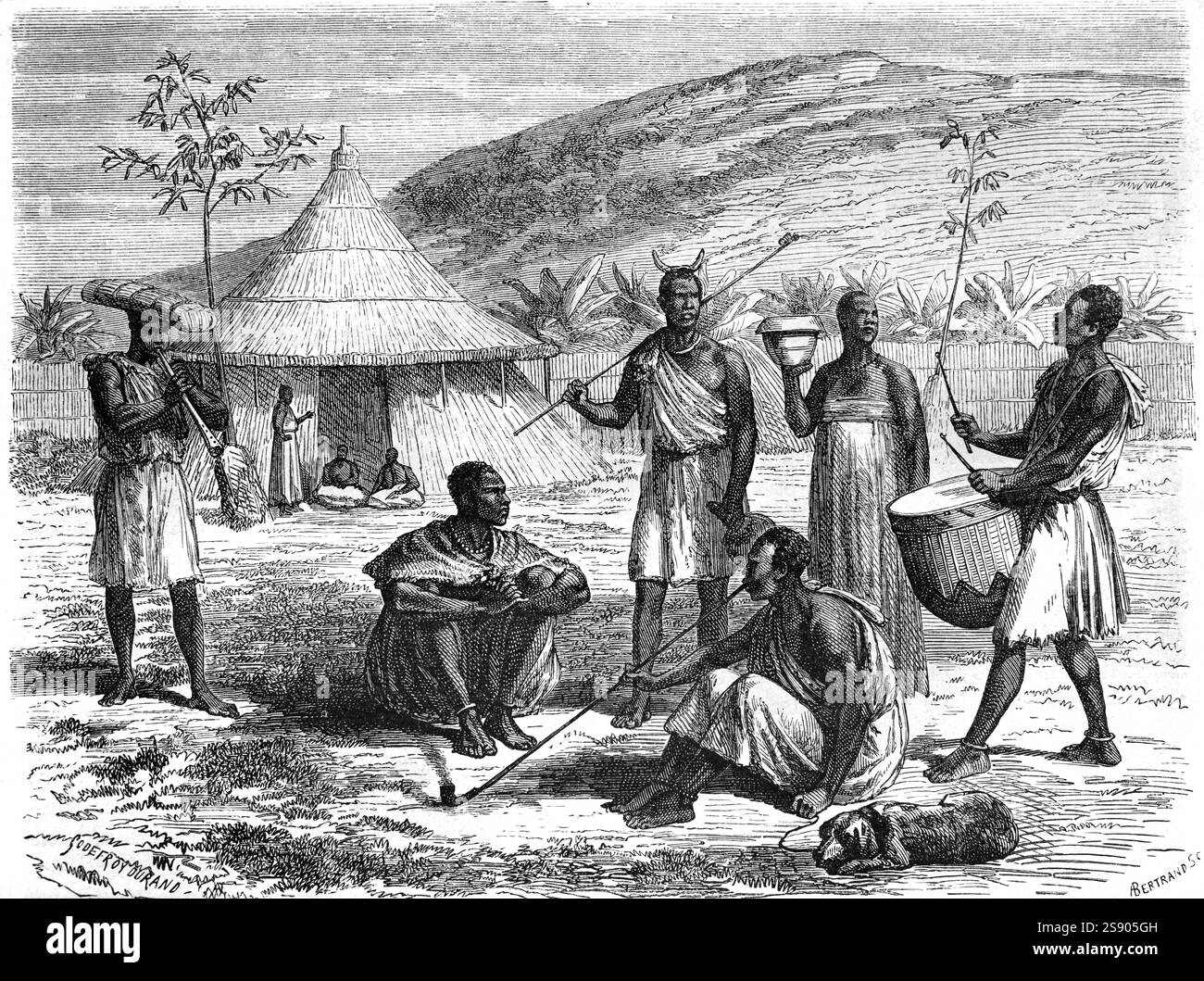 Capanna circolare in erba, capanna rotonda africana, o Casa tradizionale del Villaggio Capo o Capo Capo Capo Capo Capo Uganda Africa. I capannoni africani sono spesso denominati cono sui capannoni cilindrici o cono sui cestini a tamburo. Incisione vintage o storica o illustrazione 1864 Foto Stock