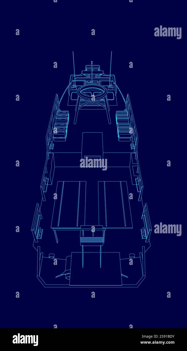 Immagine blu di una nave con sfondo blu. La nave si trova al centro dell'immagine ed è il punto focale principale Illustrazione Vettoriale