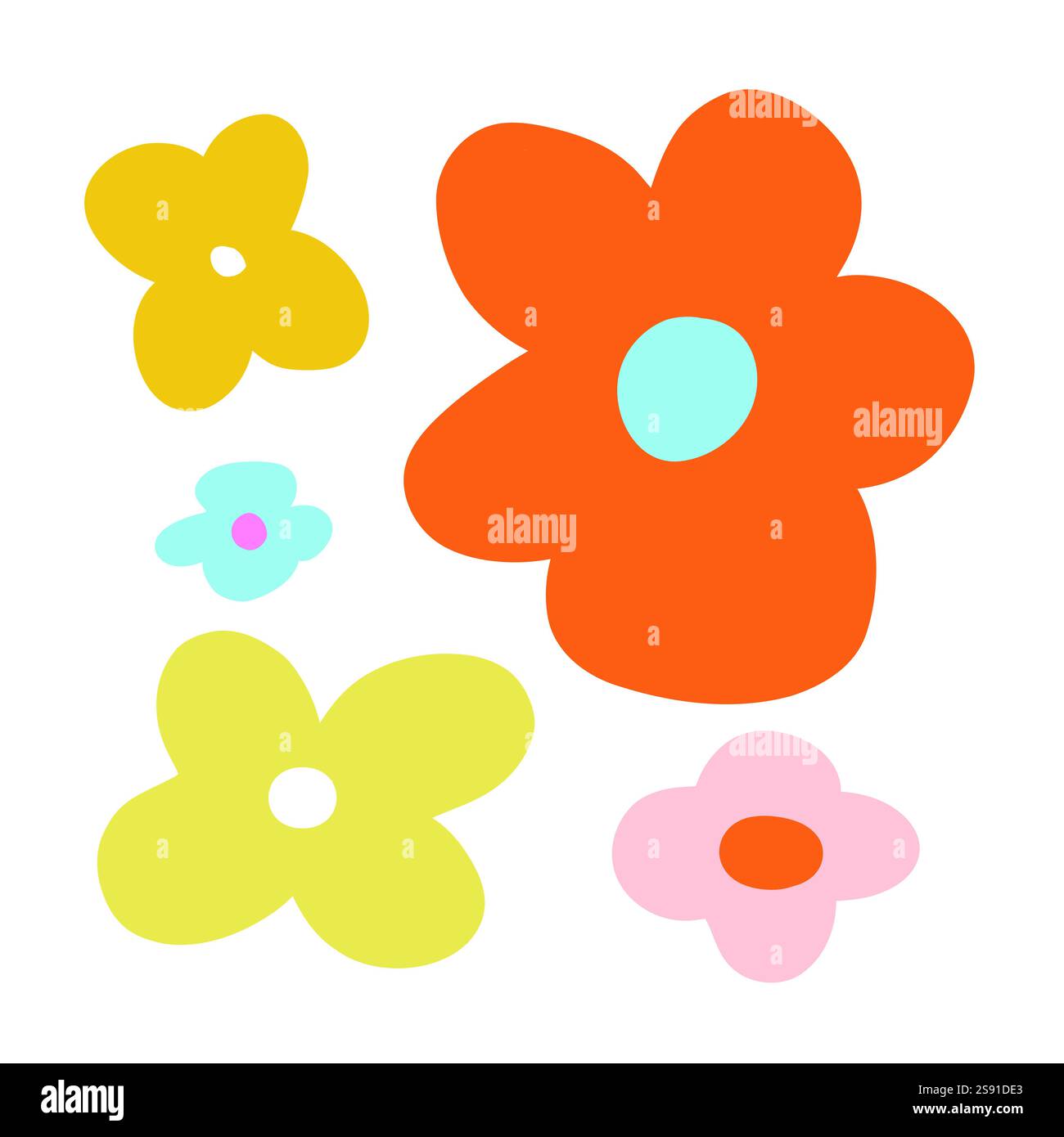 Fiori arancioni, gialli e rosa brillanti in un divertente stile doodle. Un'allegra illustrazione floreale perfetta per progetti creativi, naturali o artistici Illustrazione Vettoriale