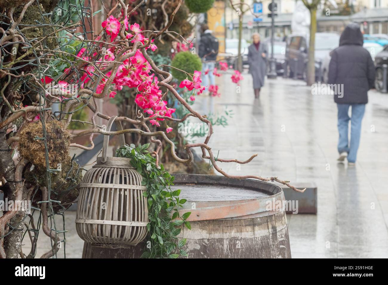 Un angolo decorativo con una botte di legno, su cui è appesa una gabbia per uccelli, rami con fiori rosa si avvolgono intorno, creando un romantico e accogliente Foto Stock