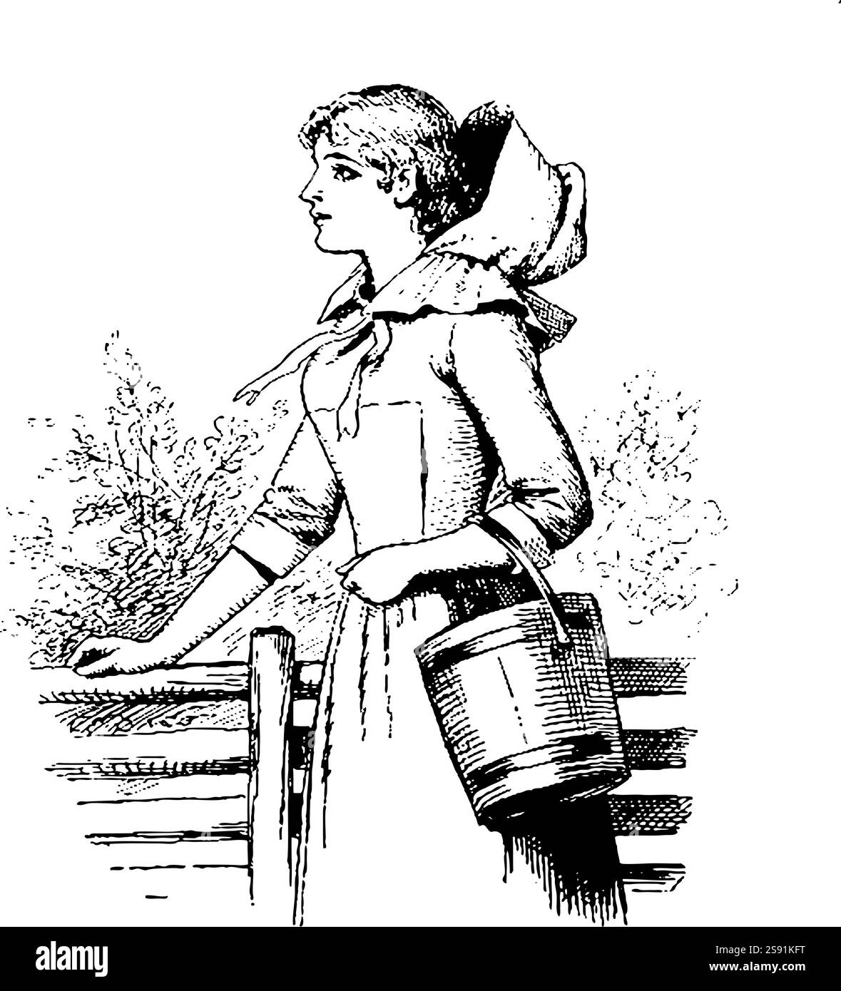 Disegno vintage, sorridente, profilo di una ragazza che indossa un cofano che porta un secchio, appoggiata su una recinzione. Illustrazione Vettoriale