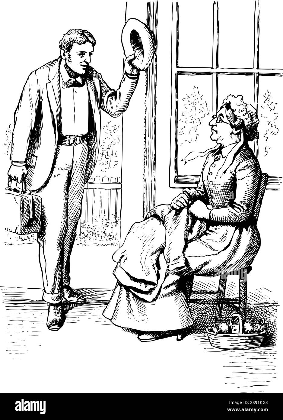 Un uomo ben vestito che ha mandato il cappello a una signora anziana seduta su una sedia. Disegno vintage anni '1800, Illustrazione Vettoriale