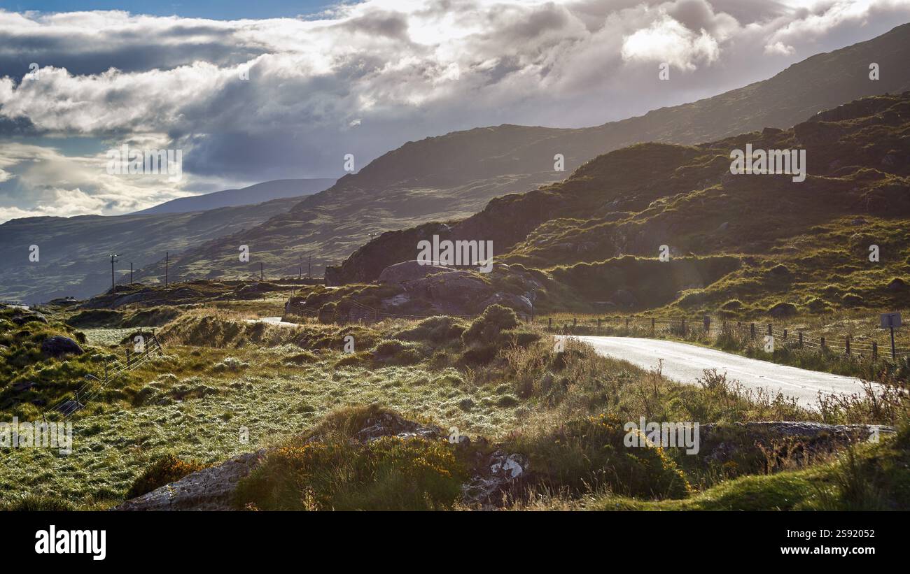 Parco nazionale di Killarney, paesaggio collinare nella nebbia mattutina, strada panoramica Ring of Kerry, penisola di Iveragh, Irlanda, Europa Foto Stock