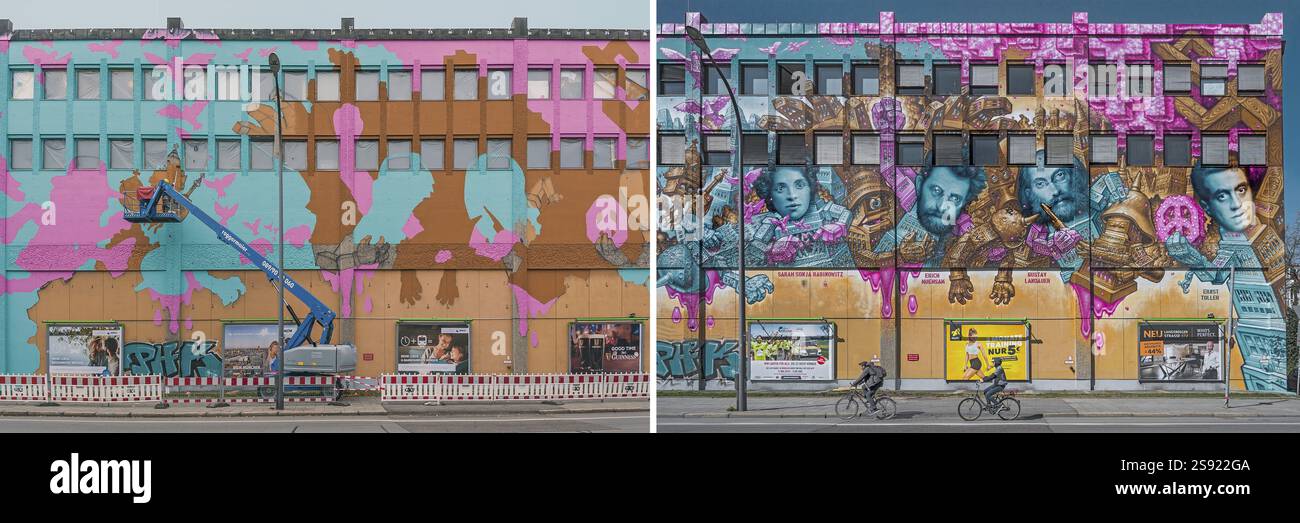Pittura di graffiti con piattaforma di sollevamento sull'edificio SWM, inizio e fine, Stadtwerke-Monaco, Giesing, Monaco di Baviera, alta Baviera, Baviera, Germania, e Foto Stock