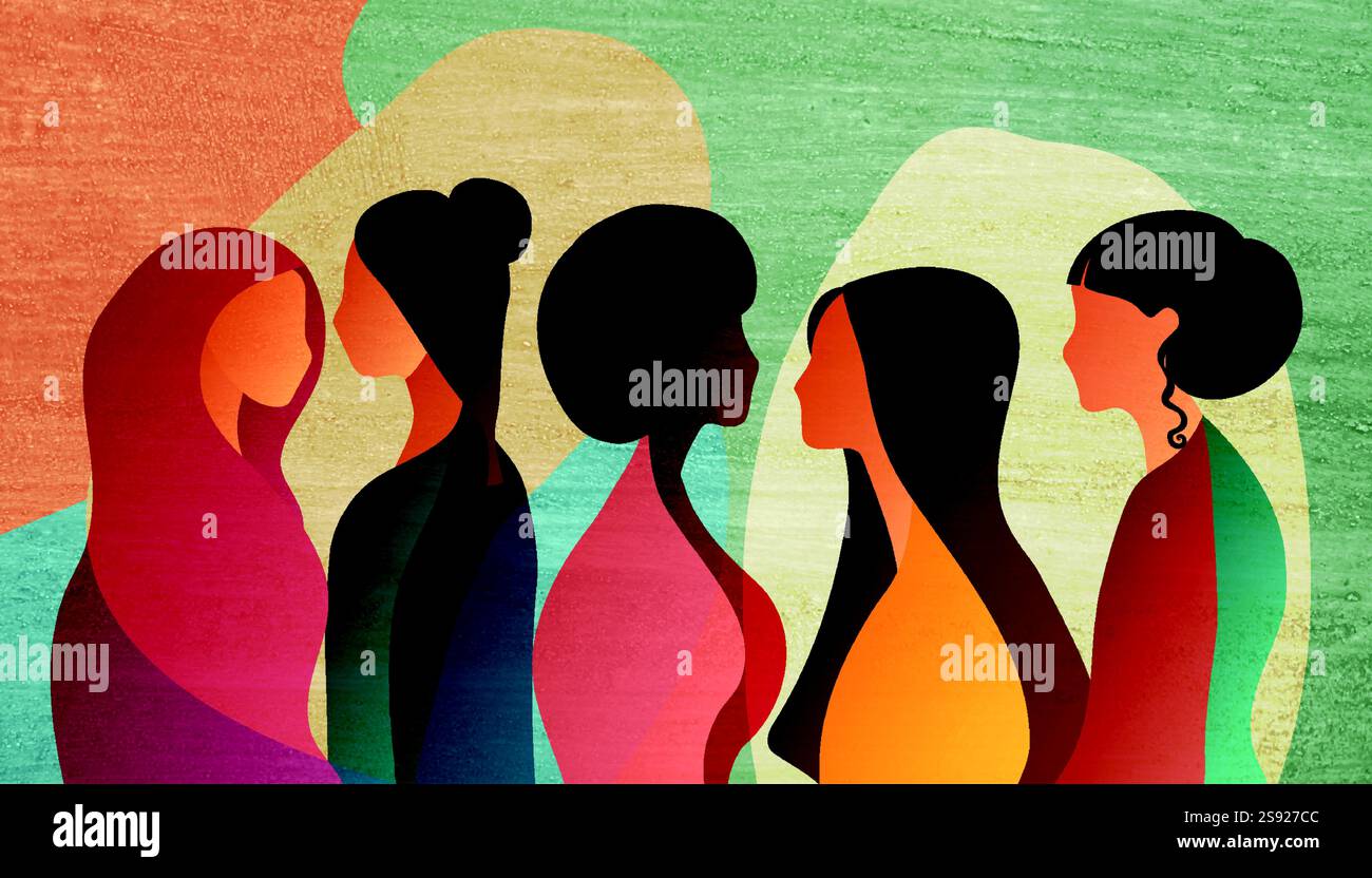Silhouette di gruppo di donne multiculturali. Empowerment Inclusion - uguaglianza -diversità -o concetto di potere femminile. Giornata internazionale delle donne. Grana grunge Illustrazione Vettoriale