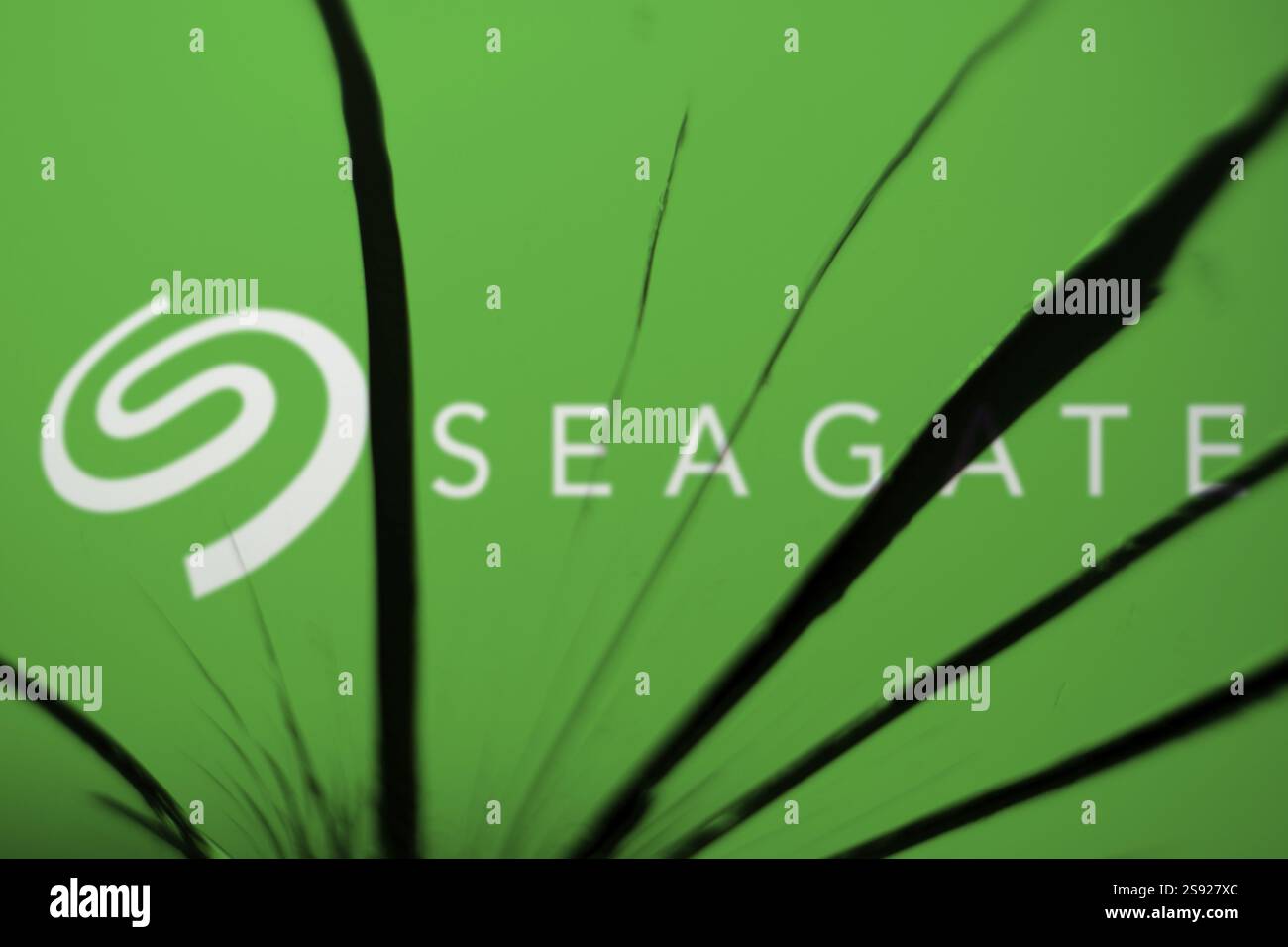 Dacca, Bangladesh - 19 gennaio 2025: Il logo seagate è visibile sul vetro rotto. Seagate è una società americana di archiviazione dati Foto Stock