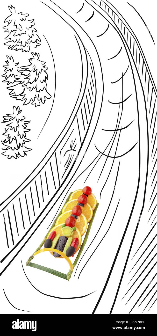 Frutta e verdura sotto forma di Bob di quattro uomini sulla pista ghiacciata Foto Stock