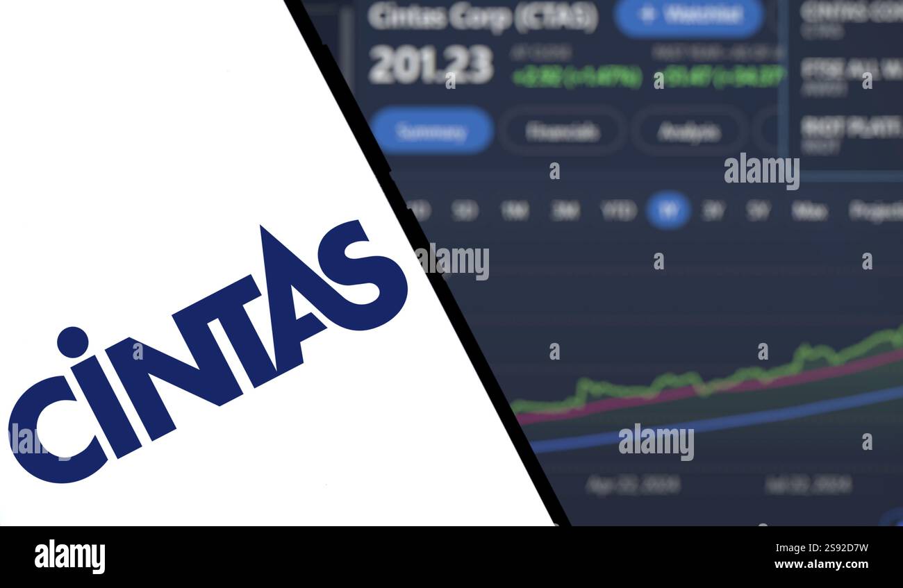 Dhaka, Bangladesh - 22 gennaio 2025: Il logo cintas viene visualizzato sullo smartphone. Cintas Corporation è una società americana con sede a Mason Foto Stock