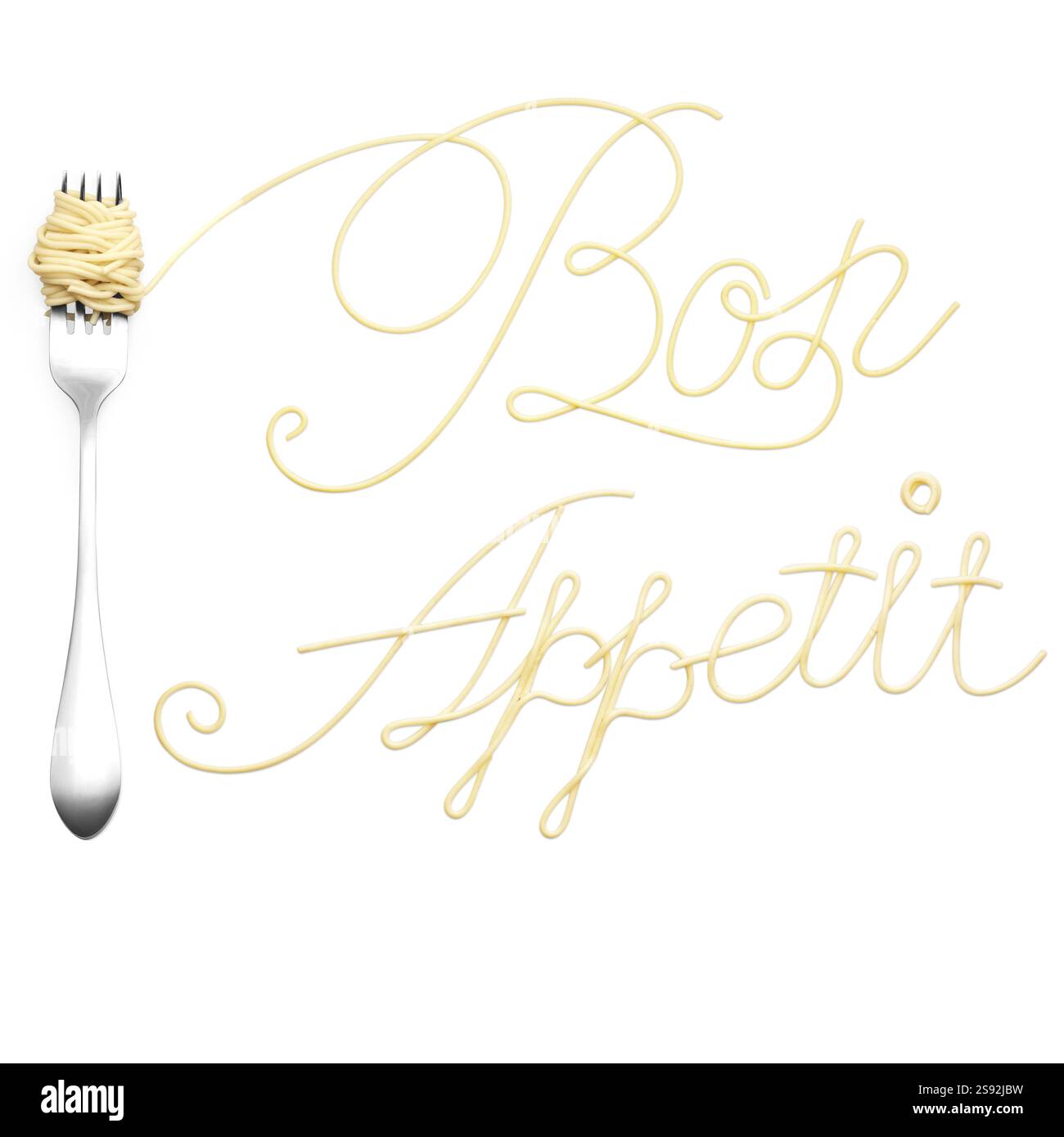 Foto creativa di una forchetta con un segno di pasta su sfondo bianco Foto Stock