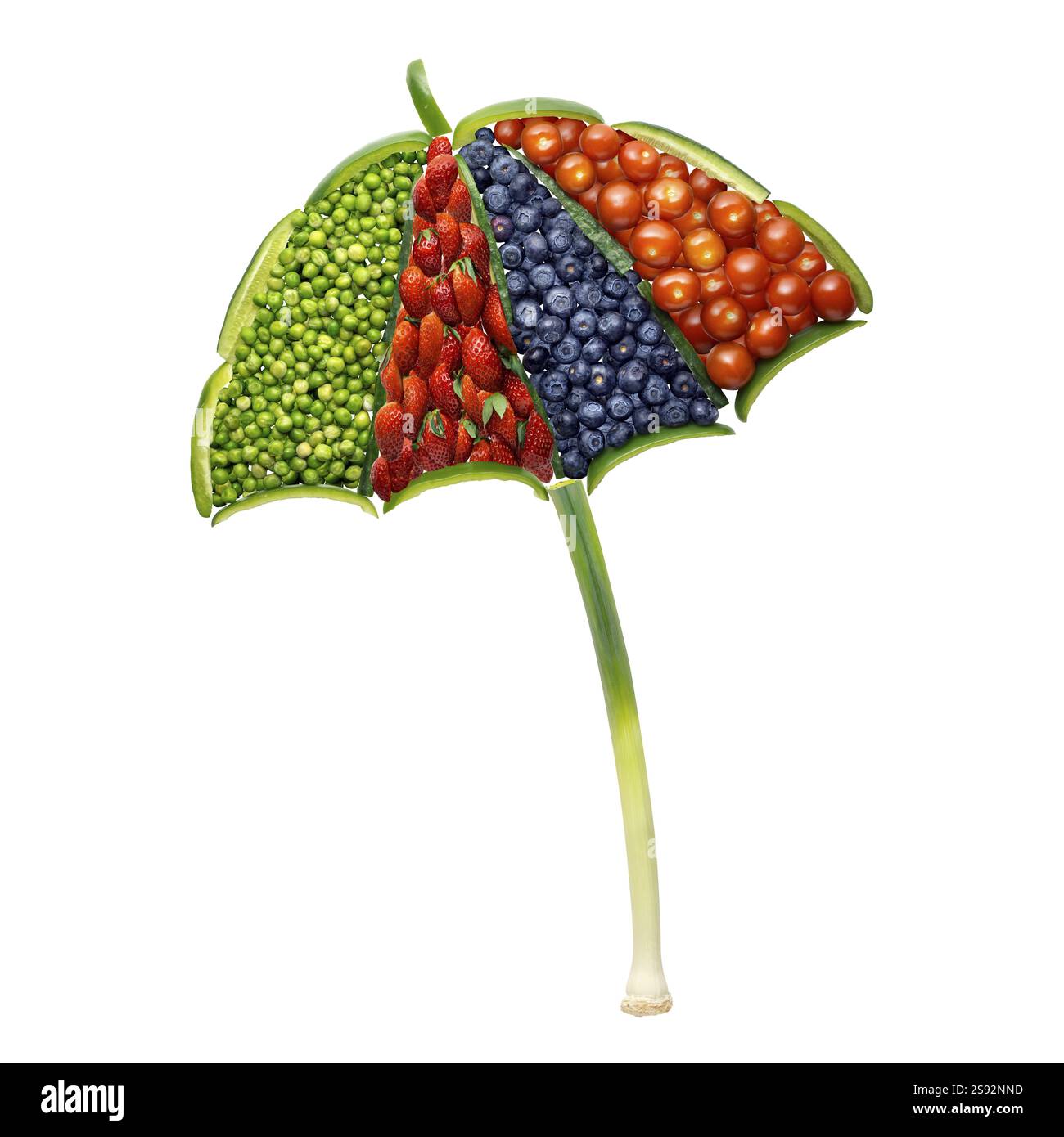Foto creativa di concetto di ombrello a base di frutta e verdura su sfondo bianco Foto Stock