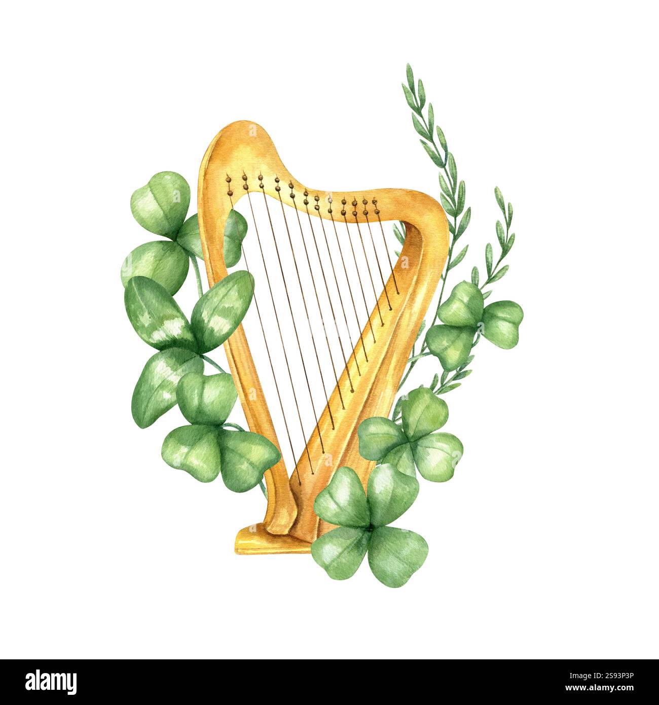 Acquerello classico in legno di arpa celtica irlandese foglie di trifoglio, spikelet prato acquerello. Giornata di San Patrizio disegnata a mano Foto Stock