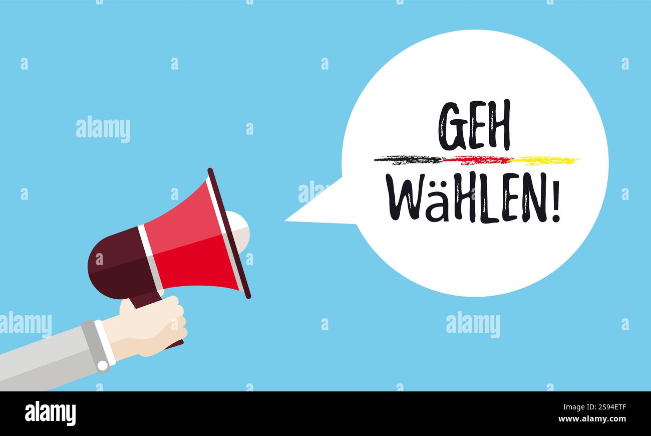Mano piatta Bullhorn Round Speech Bubble Geh Waehlen testo tedesco Geh Waehlen, traduce Go Vote. Foto Stock