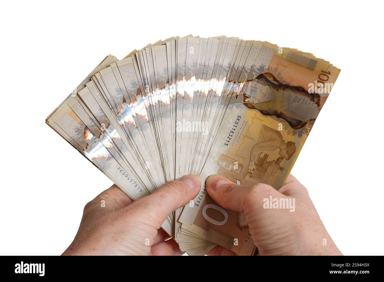 Le mani di una persona in primo piano hanno una grossa somma di denaro canadese, cento banconote da 100 dollari in una fessura isolata su bianco Foto Stock