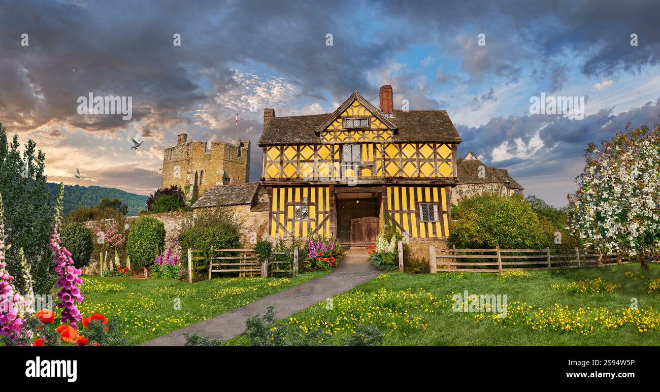 La torre nord per metà in legno costruita nel 1280 con edifici elisabettiani, Stokesay Manor Castle, Shropshire, Inghilterra Foto Stock