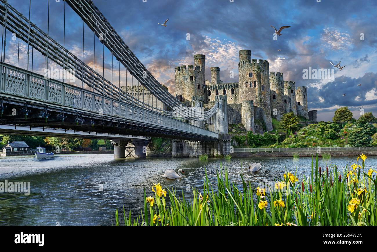 Il castello medievale di Conwy costruito nel 1283 da re Edoardo i, le rovine storiche del castello gallese, Conwy, Galles Foto Stock