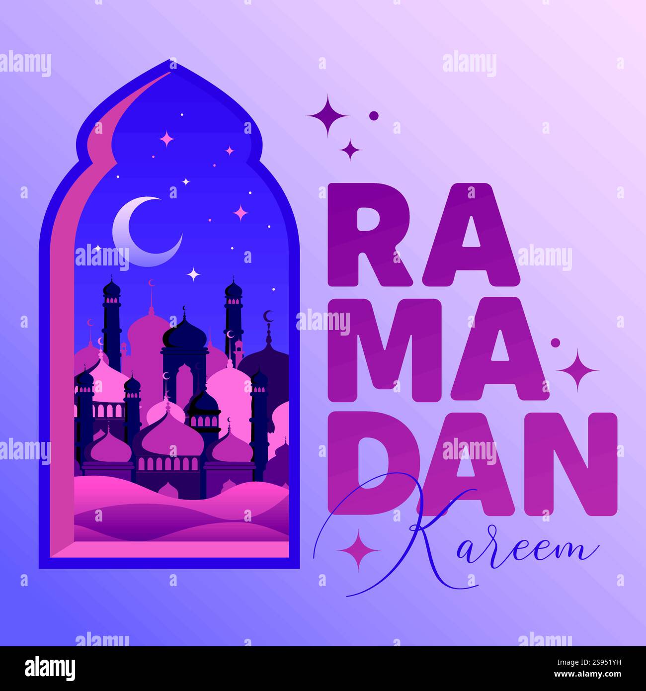 Modello di biglietto d'auguri vettoriale Ramadan Kareem. Banner sui social media, poster Ramadan Layout Crescent Moon, Fanoos, Mosque Dome e Arches. Illustrazione Vettoriale