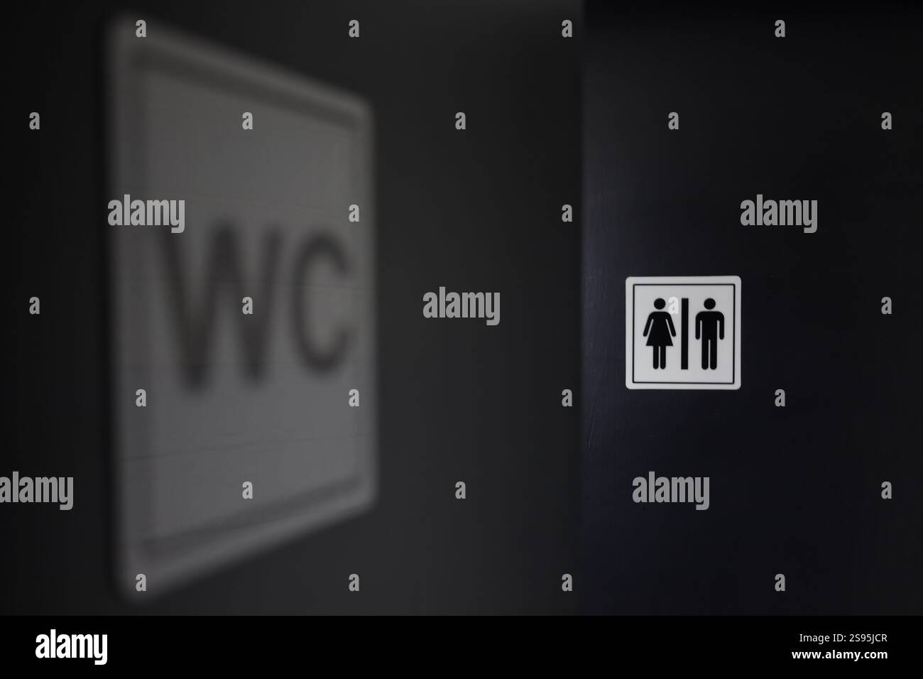 Insegna per i servizi igienici, con riflesso "WC" sfocato sulla parete. Iconografia Foto Stock