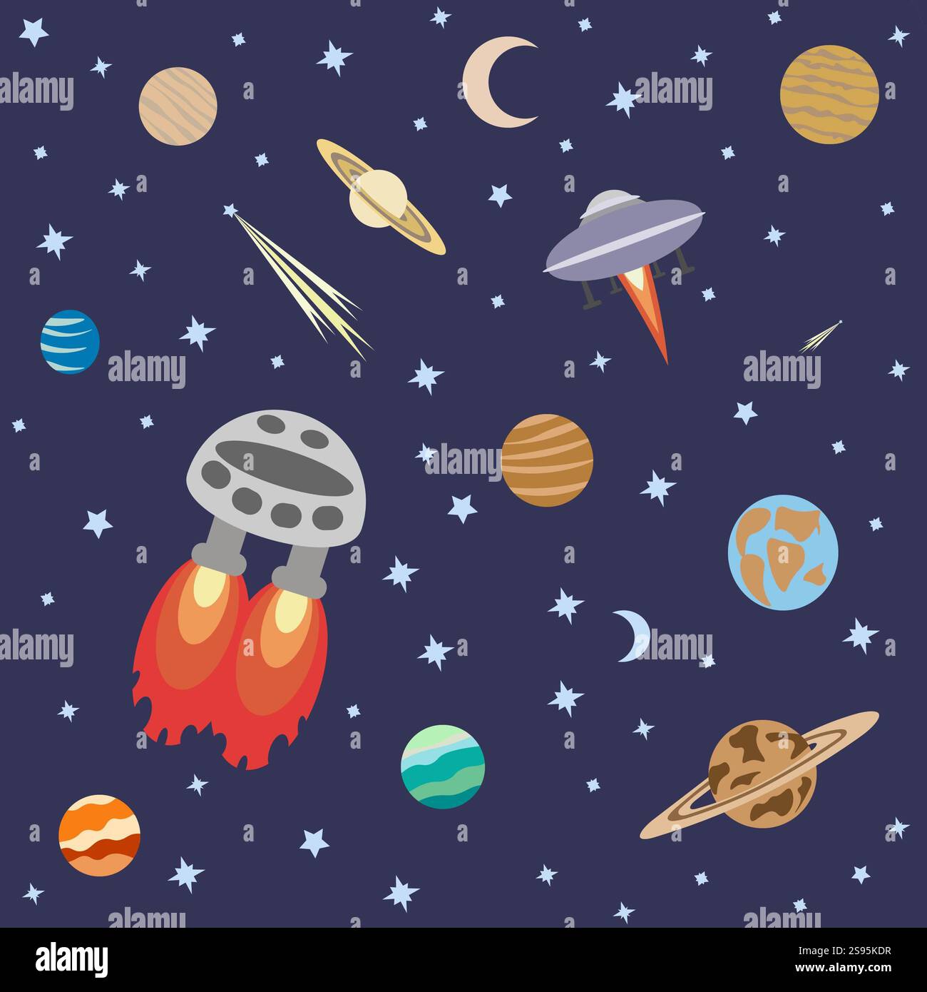 Una scena fantasiosa di razzi che navigano in una galassia piena di pianeti, stelle e meraviglie cosmiche. I colori audaci e i dettagli intricati rendono omaggio Foto Stock