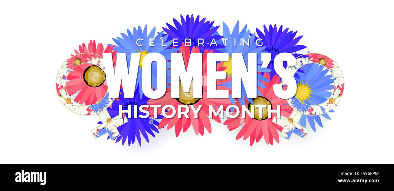 Banner celebrativo del mese della storia delle donne. Storia delle donne mese precedente. Contributi delle donne a eventi di storia e di design della società contemporanea Illustrazione Vettoriale