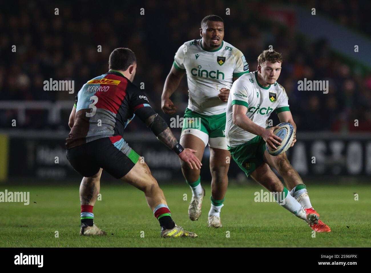 LONDRA, Regno Unito - 24 gennaio 2025: George Makepeace-Cubitt dei Northampton Saints fa una pausa durante la partita di rugby di Premiership tra Harlequins e Northampton Saints a Twickenham Stoop (credito: Craig Mercer/ Alamy Live News) Foto Stock