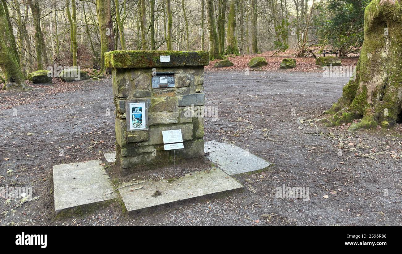 Segnavia per la testa di cavallo presso Birks of Aberfeldy famosa passeggiata lungo il Moness Burn con cascate e alberi secolari. Foto Stock