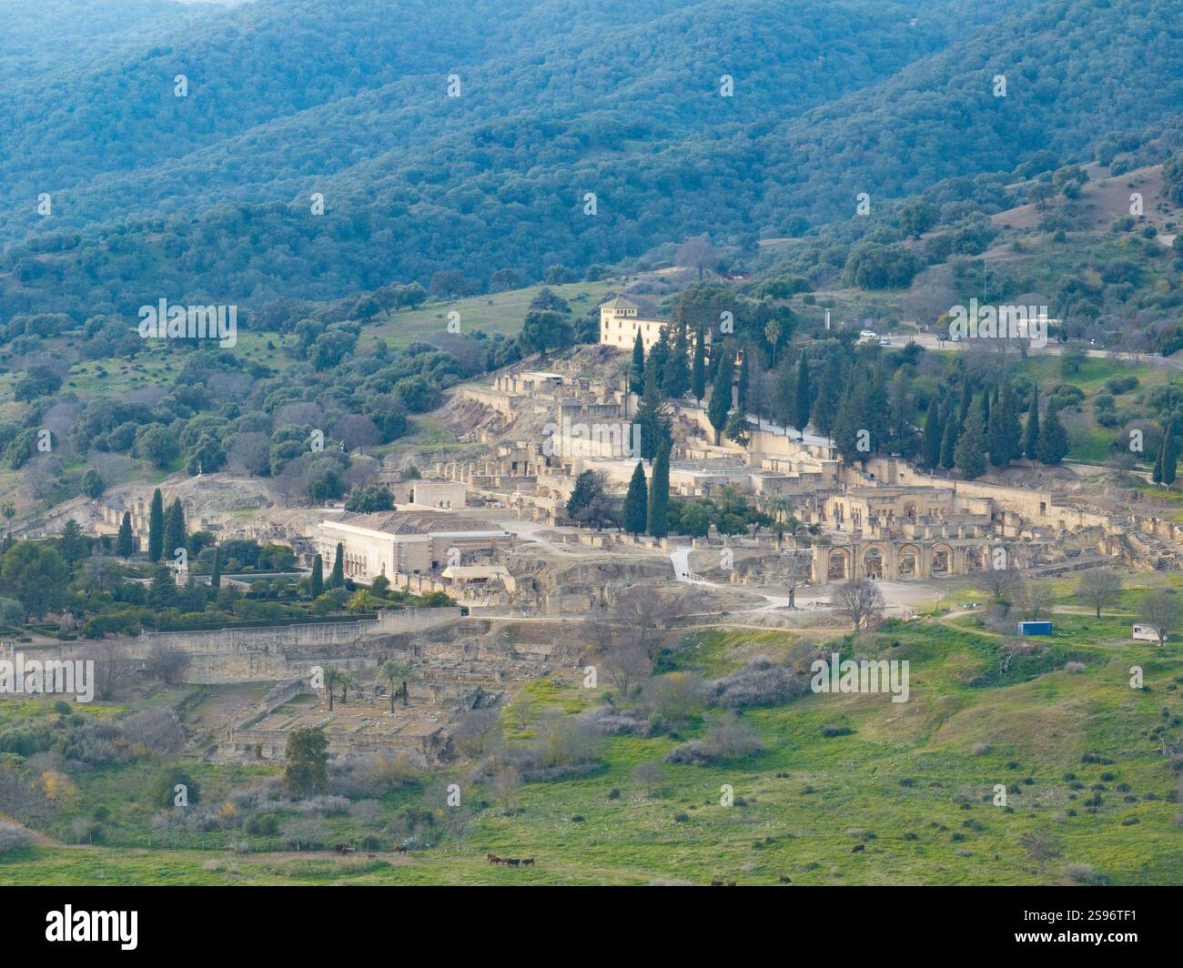 Vista aerea di Madinat al-Zahra o Medina Azahara, palazzo fortificato fuori Cordova, Spagna. Importante sito archeologico dell'architettura islamica Foto Stock