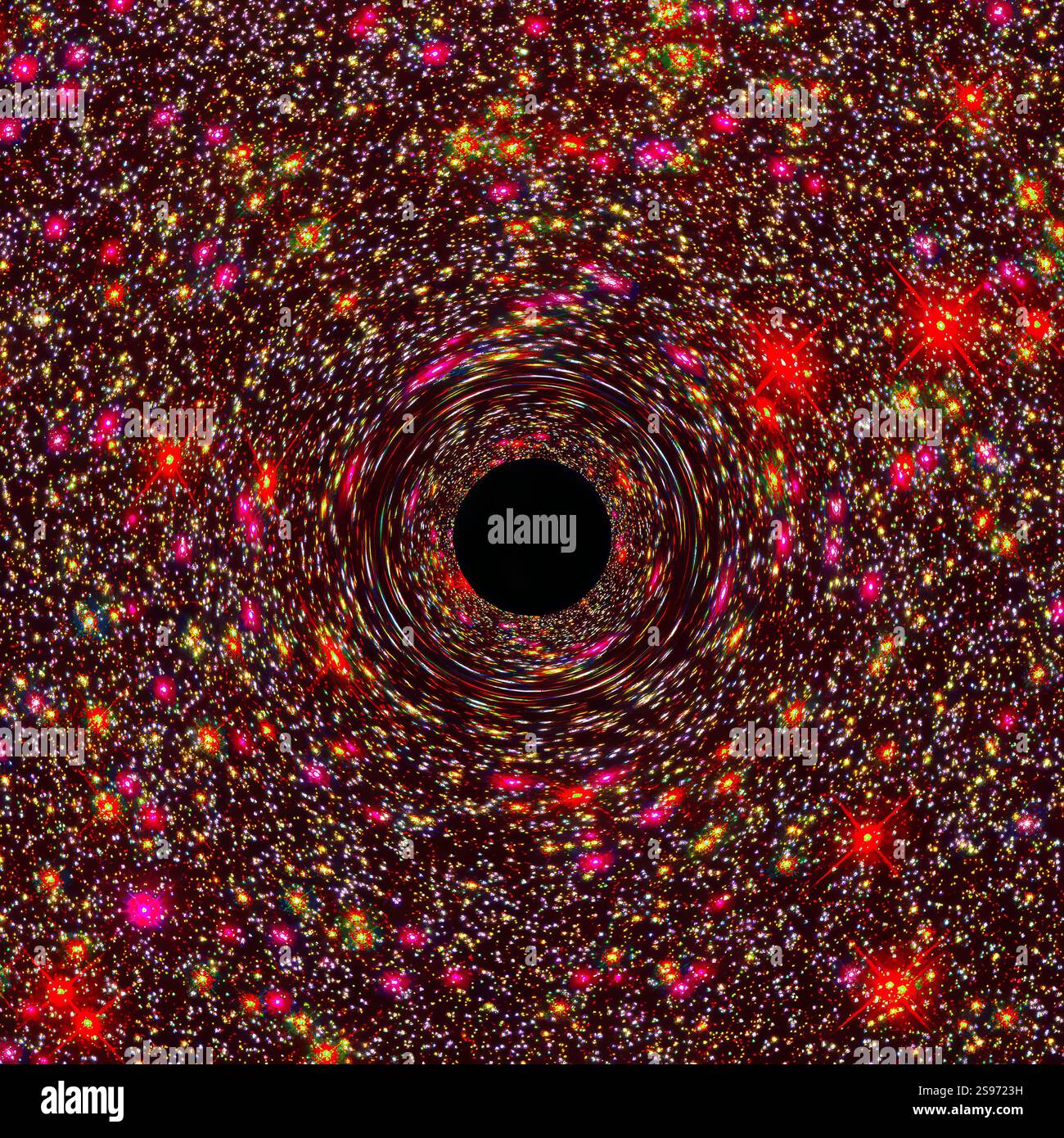 Immagine ritoccata. Elementi di questa immagine forniti dalla NASA. Illustrazione Un'illustrazione digitale che raffigura un buco nero al centro, circondato da una densa Foto Stock