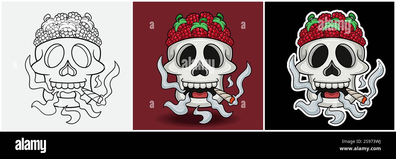 Lampone Fruit Inside Skull Head with Smoking Character Cartoon. Bianco e nero, colorato e stile adesivo. Per stampa T-shirt, Logo del marchio, etichetta e ma Illustrazione Vettoriale