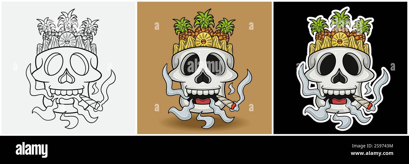 Ananas Fruit Inside Skull Head with Smoking Character Cartoon. Bianco e nero, colorato e stile adesivo. Per stampa T-shirt, Logo del marchio, etichetta e ma Illustrazione Vettoriale
