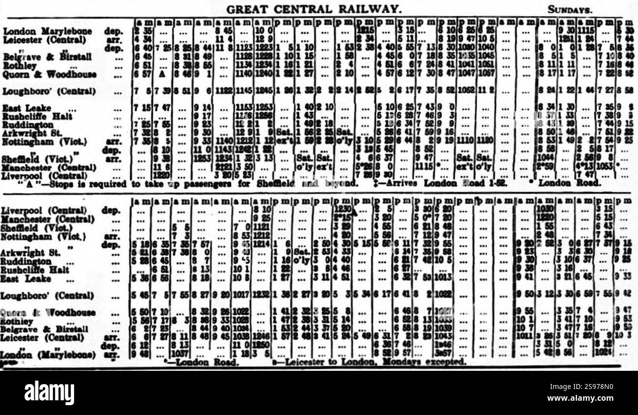 Orario della Great Central Railway luglio 1919. Foto Stock