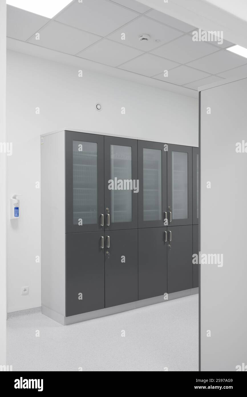 Moderni armadi di stoccaggio grigi con porte in vetro Foto Stock