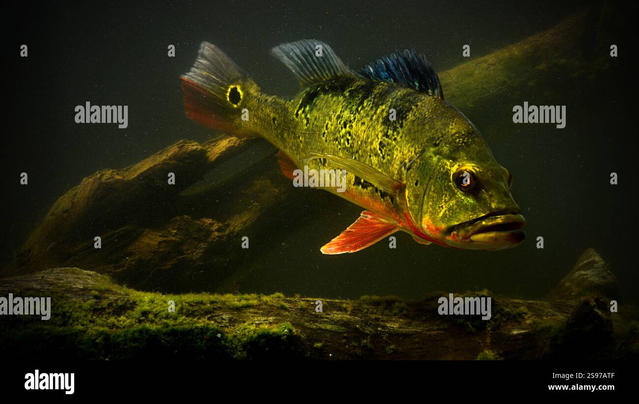 Un basso pavone nuota senza sforzo attraverso le lussureggianti acque della Florida meridionale. Foto Stock