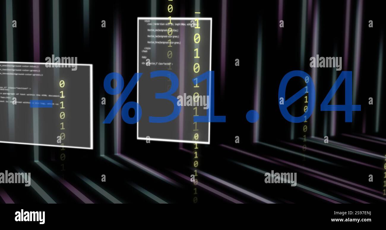 Percentuale e immagine di codice sullo sfondo del flusso di dati digitali Foto Stock