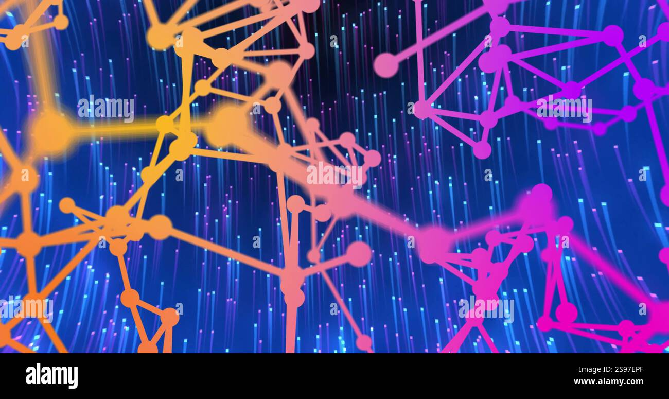 Forme geometriche colorate e linee vengono visualizzate su flussi di dati digitali Foto Stock