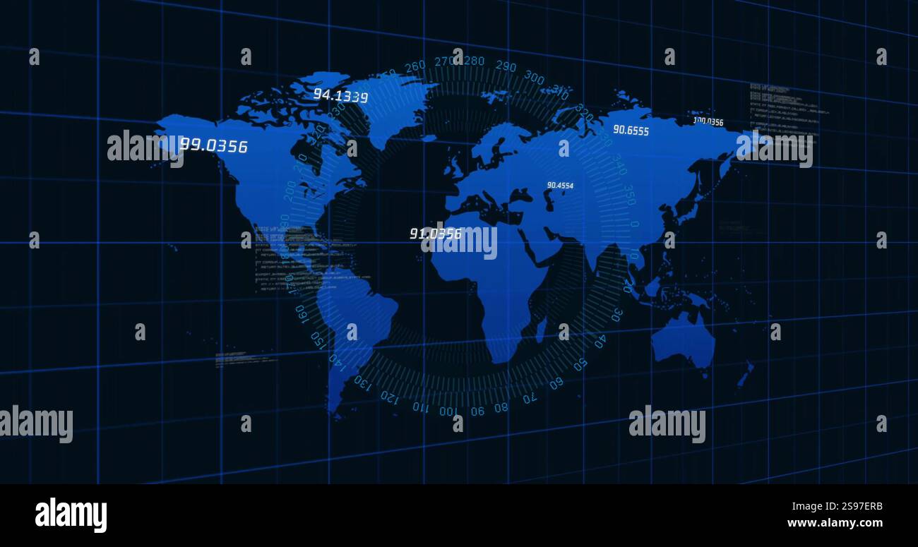 Mappa mondiale con dati numerici e linee della griglia, immagine statistica globale Foto Stock