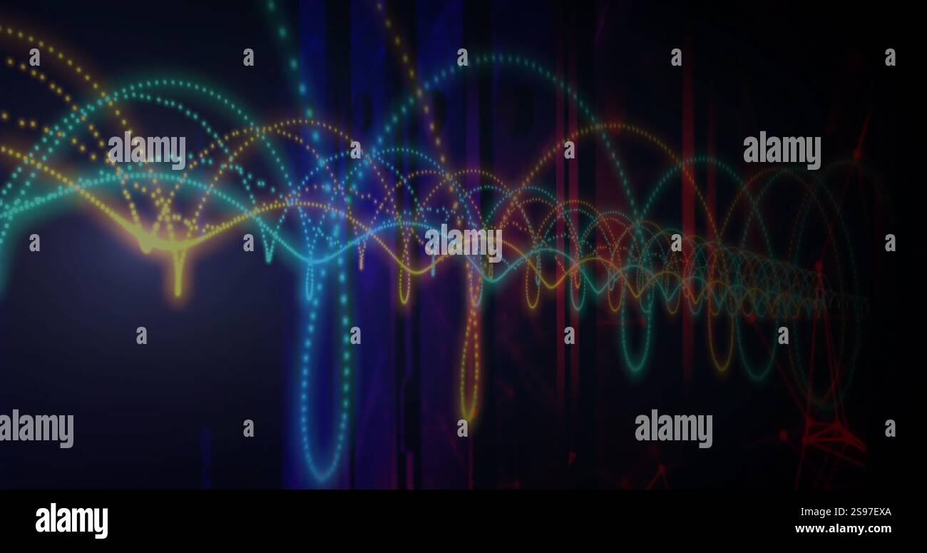 Forme d'onda colorate e punti vengono visualizzati su sfondo scuro con linee verticali Foto Stock