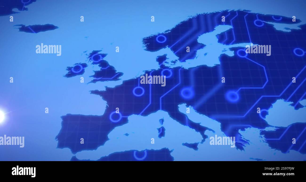 Connessioni di rete digitali sulla mappa dell'Europa, immagine tecnologica Foto Stock