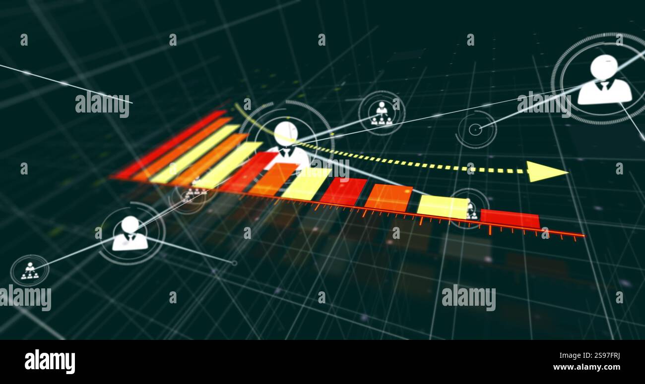 Immagine del grafico a barre e delle connessioni di rete su sfondo a griglia scura Foto Stock