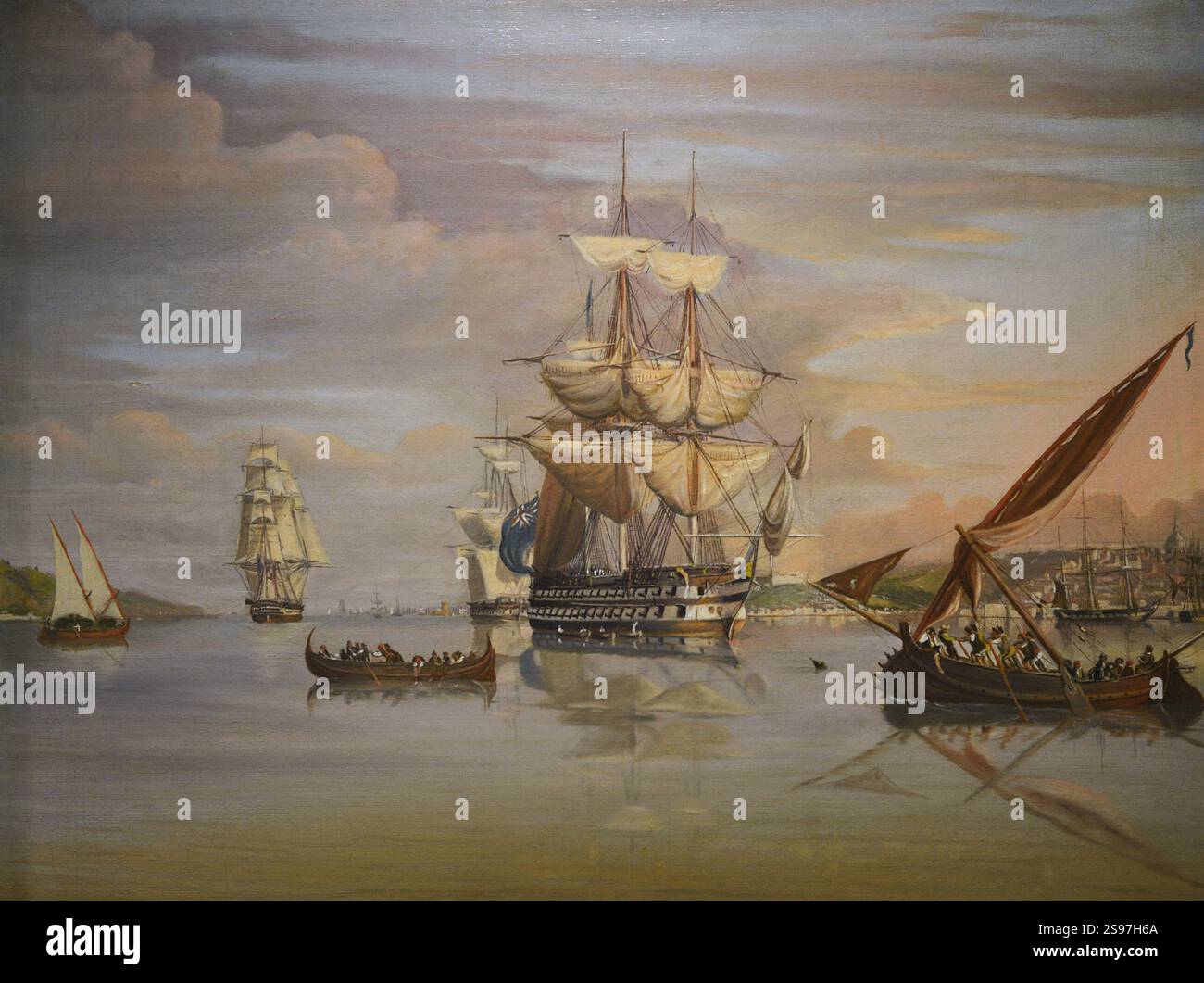 Guerra civile portoghese (1828-1834). Battaglia navale di Cape St. Vincent. Confronto tra le flotte liberali e assolutiste il 5 luglio 1833. La flotta liberale, comandata dall'ufficiale britannico Charles Napier, sconfisse la flotta di Don Miguel. Ammiraglio Napier a bordo della nave di linea "Rainha de Portugal" a Lisbona, dopo la sua vittoria sulla flotta assolutista a Capo St. Vincent. Olio su tela (46 x 61 cm) di M. Yarwood, ca. 1850. Museo marittimo. Lisbona, Portogallo. Foto Stock